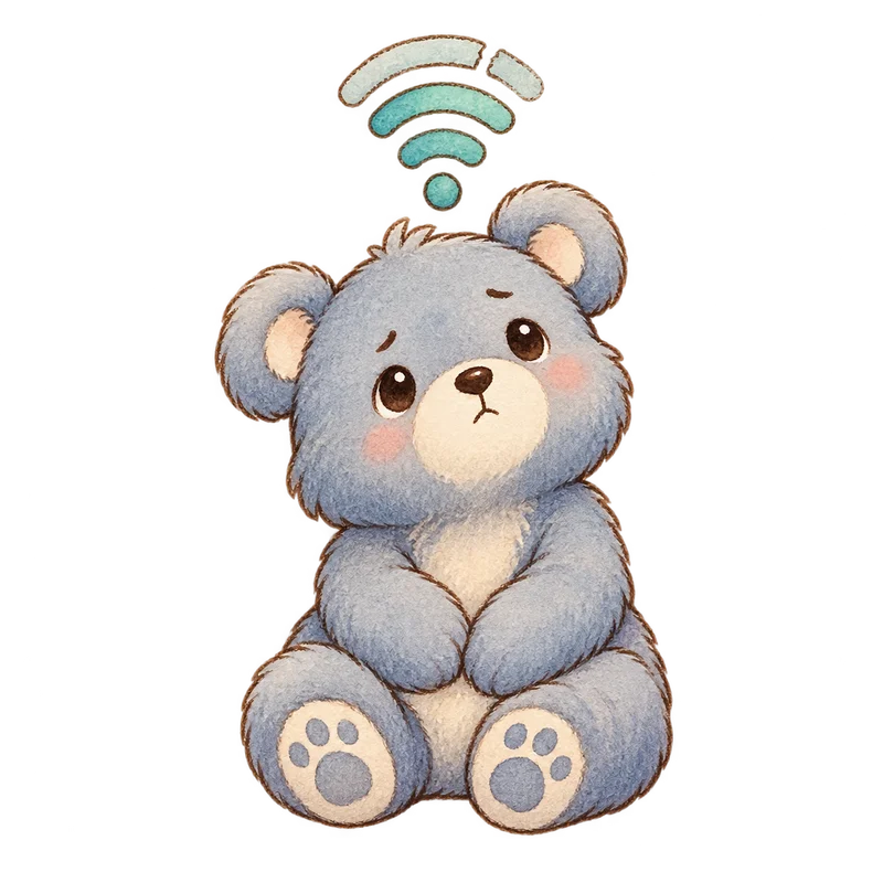 灰藍色斷線熊安靜坐着，頭上有斷續的 Wi-Fi 訊號圖案
