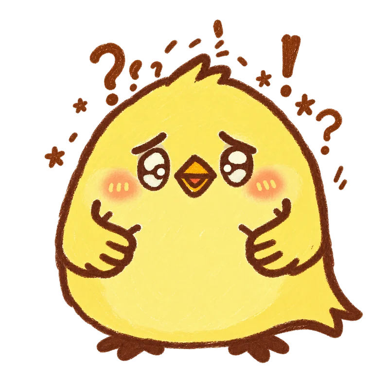 黃色多慮鳥皺着眉，雙翼放在胸前，頭邊浮着問號和驚嘆號